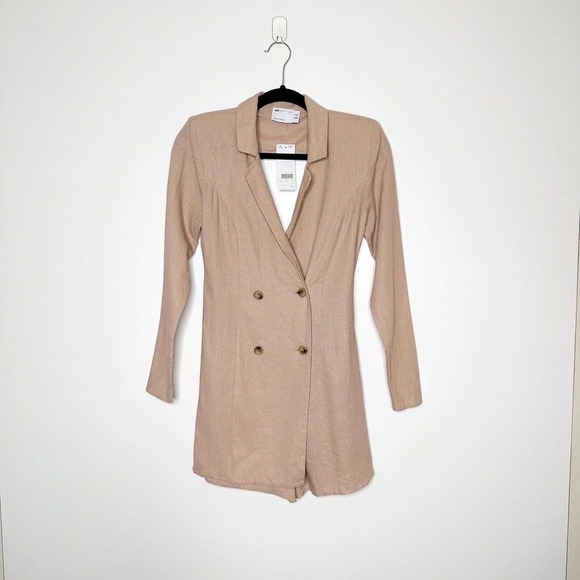 NWT Asos Design Linen Blend Double-Breasted Open Back Romper Women's Tan Size 2 - Picture 1 of 4